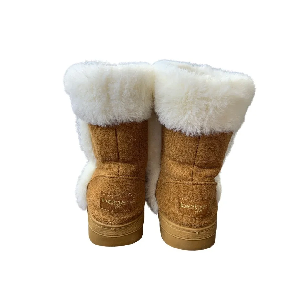 Bebe Girls Faux Fur Winter Boots Tan Brown‎ w/ Rhinestone Buckle Accent Size 11